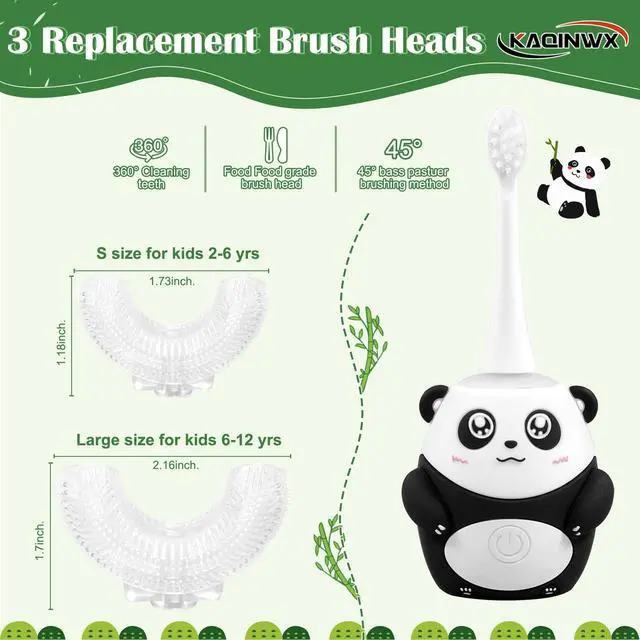 Alt view image 3 of 6 - Kids U Shaped Electric Toothbrush for Age 2-12, Rechargeable Toddler Toothbrush with 60S Smart Timer, Panda Design, IPX7 Waterproof & 360°Cleaning,Develop Kids' Brushing Habits