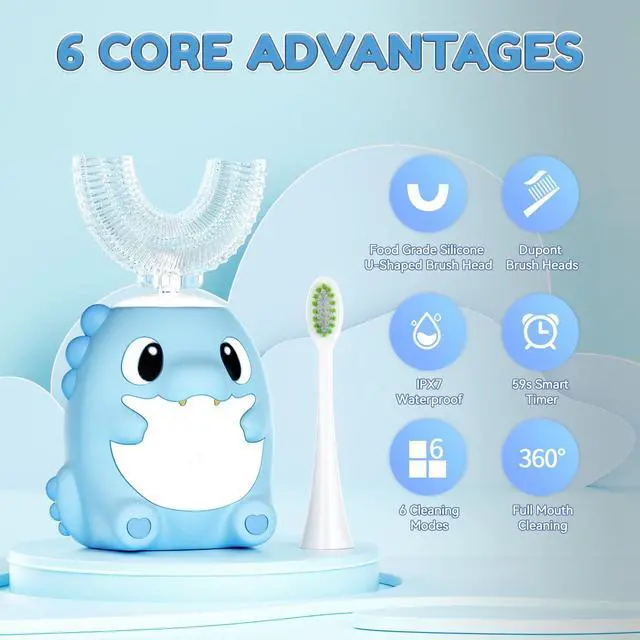 Alt view image 2 of 7 - Kids Electric U Shaped Toothbrush,Kids Dinosaur Sonic Automatic Toothbrush with 6 Soft Brush Head 6 Cleaning Modes Full Mouth 360° Cleaning - Age2-15 Blue