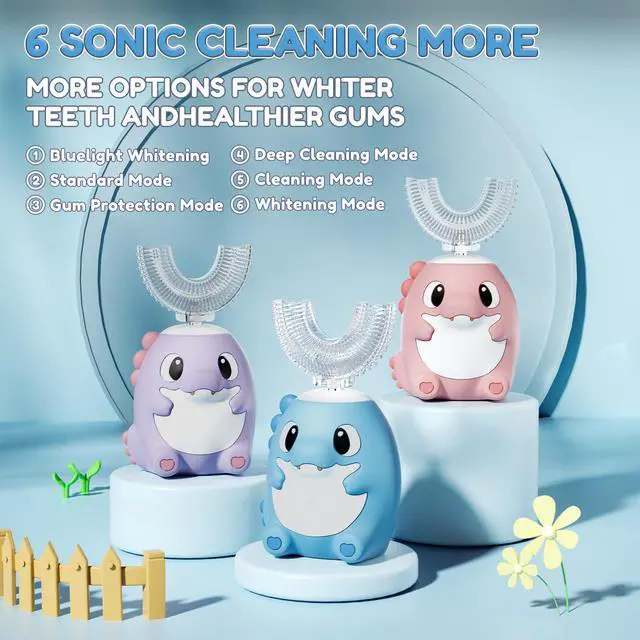 Alt view image 4 of 7 - Kids Electric U Shaped Toothbrush,Kids Dinosaur Sonic Automatic Toothbrush with 6 Soft Brush Head 6 Cleaning Modes Full Mouth 360° Cleaning - Age2-15 Blue