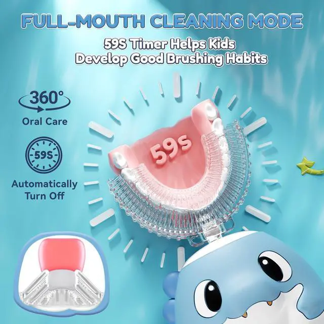 Alt view image 5 of 7 - Kids Electric U Shaped Toothbrush,Kids Dinosaur Sonic Automatic Toothbrush with 6 Soft Brush Head 6 Cleaning Modes Full Mouth 360° Cleaning - Age2-15 Blue