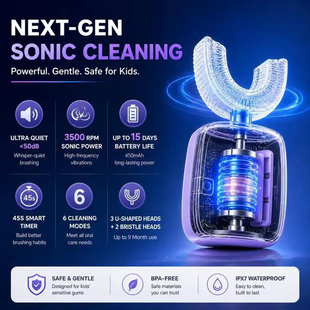Alt view image 2 of 7 - Kids Electric Toothbrush, U Shaped Toothbrush Kids Sonic Automatic Brush with Cup 5 Brush Head 6 Sonic Clean Modes IPX7 Waterproof Mermaid Design Rechargeable Smart Timer for Children 2-7