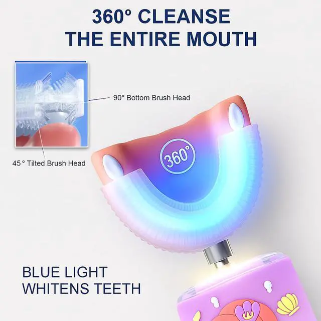 Alt view image 5 of 7 - Kids Electric Toothbrush, U Shaped Toothbrush Kids Sonic Automatic Brush with Cup 5 Brush Head 6 Sonic Clean Modes IPX7 Waterproof Mermaid Design Rechargeable Smart Timer for Children 2-7