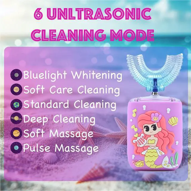 Alt view image 7 of 7 - Kids Electric Toothbrush, U Shaped Toothbrush Kids Sonic Automatic Brush with Cup 5 Brush Head 6 Sonic Clean Modes IPX7 Waterproof Mermaid Design Rechargeable Smart Timer for Children 2-7