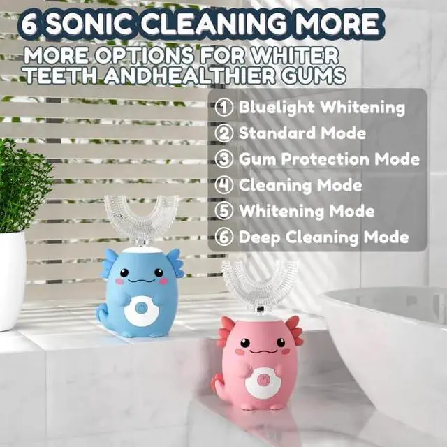 Alt view image 4 of 7 - Kids Electric U Shaped Toothbrush - Axolotl Kids Sonic Toothbrush with 6 Brush Head Automatic 6 Cleaning Modes Full Mouth Cleaning-Blue