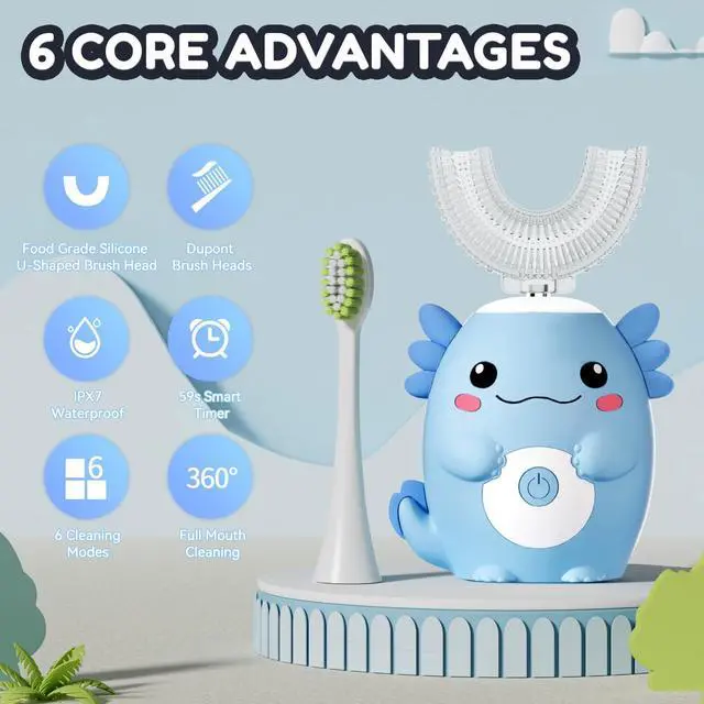 Alt view image 2 of 7 - Kids Electric U Shaped Toothbrush - Axolotl Kids Sonic Toothbrush with 6 Brush Head Automatic 6 Cleaning Modes Full Mouth Cleaning-Blue