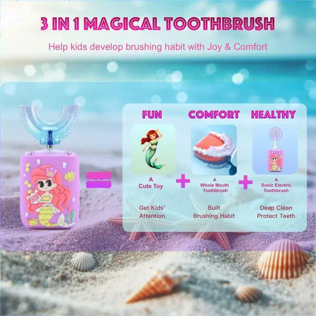 Alt view image 6 of 7 - Kids Electric Toothbrush, U Shaped Toothbrush Kids Sonic Automatic Brush with Cup 5 Brush Head 6 Sonic Clean Modes IPX7 Waterproof Mermaid Design Rechargeable Smart Timer for Children 2-7