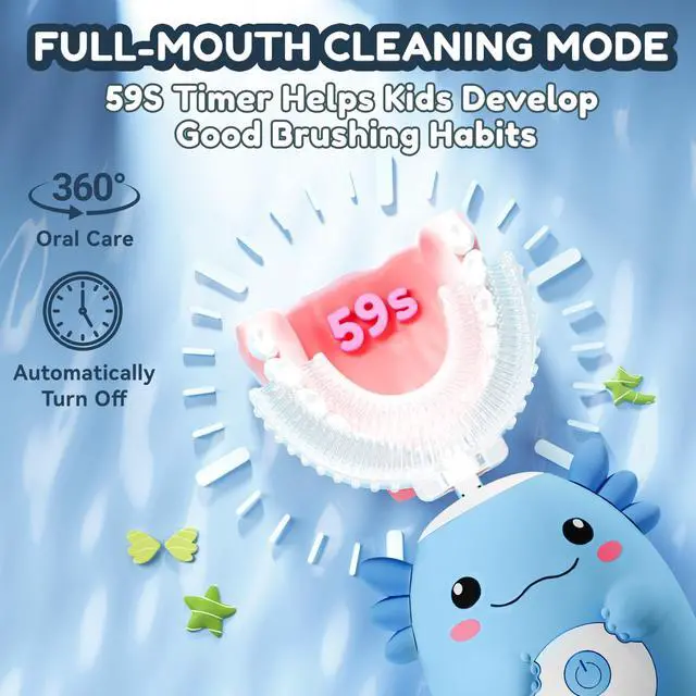 Alt view image 6 of 7 - Kids Electric U Shaped Toothbrush - Axolotl Kids Sonic Toothbrush with 6 Brush Head Automatic 6 Cleaning Modes Full Mouth Cleaning-Blue