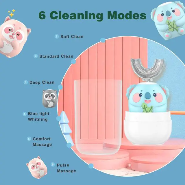 Alt view image 4 of 6 - Kids Electric Toothbrush, U Shaped Toothbrush Kids Sonic Automatic Brush with 5 Brush Heads 6 Cleaning Modes IPX7 Waterproof Rechargeable Smart Timer for Children(Ages 2-7, Koala Cyan)