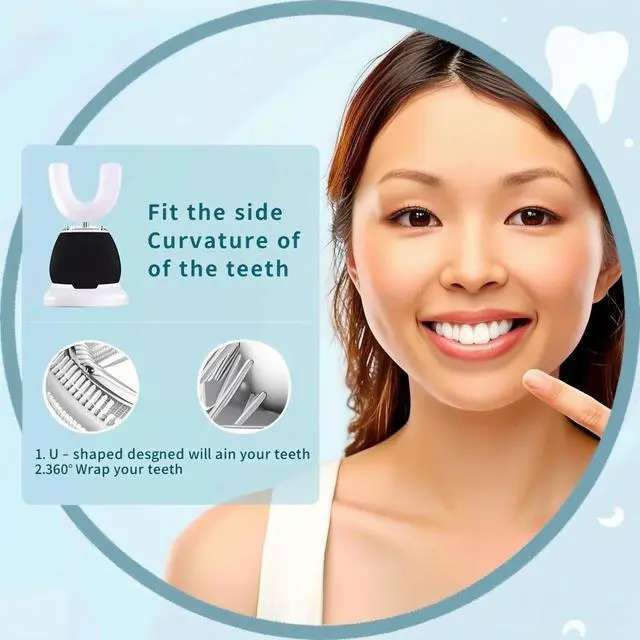 Alt view image 3 of 7 - Automatic U-Shaped Ultrasonic 360 Auto Toothbrush with Whitening Blue Light for Adults