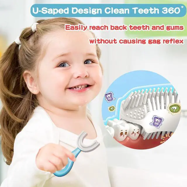 Alt view image 2 of 7 - U-Shaped Toothbrush Kids 2 PCS - Toddler Toothbrush with Food Grade Soft Silicone Brush Head, Manual Whole Mouth Tooth Brush for Kids Age 2-6(Blue+Pink)