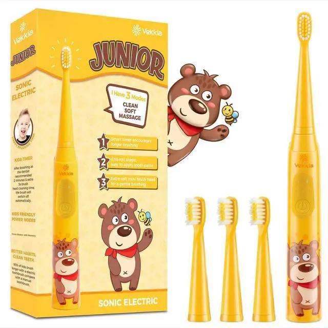Main image of Sonic Rechargeable Kids Electric Toothbrush, 3 Modes with Memory, Fun & Easy Cleaning, 24000 Strokes, IPX7 Waterproof, 2-Min Timer for Age 5+, 4 Soft Bristles(Yellow)