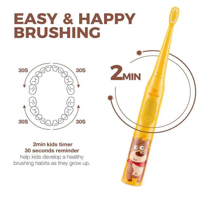 Alt view image 4 of 7 - Sonic Rechargeable Kids Electric Toothbrush, 3 Modes with Memory, Fun & Easy Cleaning, 24000 Strokes, IPX7 Waterproof, 2-Min Timer for Age 5+, 4 Soft Bristles(Yellow)