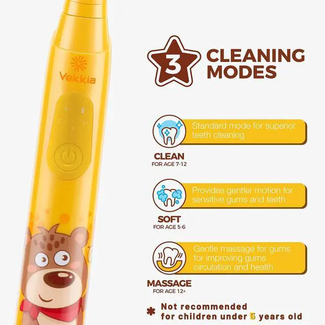 Alt view image 3 of 7 - Sonic Rechargeable Kids Electric Toothbrush, 3 Modes with Memory, Fun & Easy Cleaning, 24000 Strokes, IPX7 Waterproof, 2-Min Timer for Age 5+, 4 Soft Bristles(Yellow)