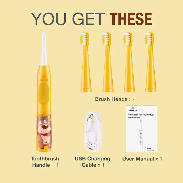 Alt view image 7 of 7 - Sonic Rechargeable Kids Electric Toothbrush, 3 Modes with Memory, Fun & Easy Cleaning, 24000 Strokes, IPX7 Waterproof, 2-Min Timer for Age 5+, 4 Soft Bristles(Yellow)