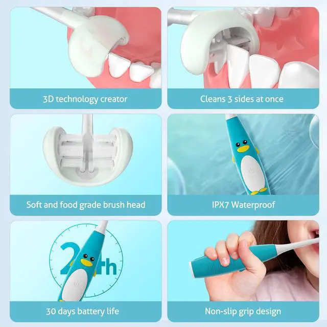 Alt view image 4 of 7 - Kids Electric Toothbrush 3 Sided Toothbrush,Sonic Toddler Toothbrush with 2 Brush Heads, Intelligent Timer 5 Gears Adjustment,Ipx7 Waterproof,USB Cable