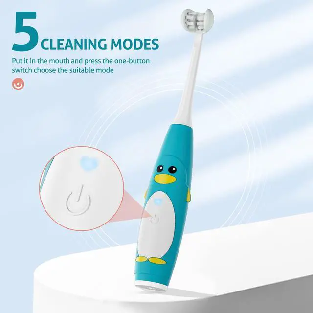 Alt view image 6 of 7 - Kids Electric Toothbrush 3 Sided Toothbrush,Sonic Toddler Toothbrush with 2 Brush Heads, Intelligent Timer 5 Gears Adjustment,Ipx7 Waterproof,USB Cable