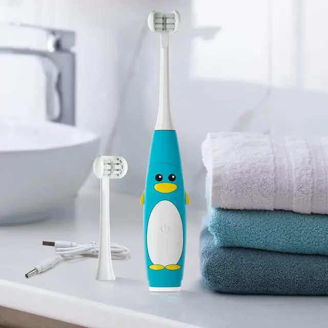Alt view image 7 of 7 - Kids Electric Toothbrush 3 Sided Toothbrush,Sonic Toddler Toothbrush with 2 Brush Heads, Intelligent Timer 5 Gears Adjustment,Ipx7 Waterproof,USB Cable