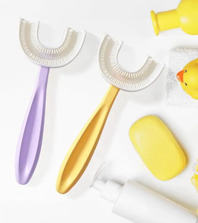 Alt view image 4 of 7 - U Shaped Toothbrush Kids 6-12 Years Old- Two Premium Soft Toothbrushes Come with Travel Case & - Rounded Tooth Brushes Kids Size Head Makes Brushing Fun & Easy - 1 Purple, 1 Yellow