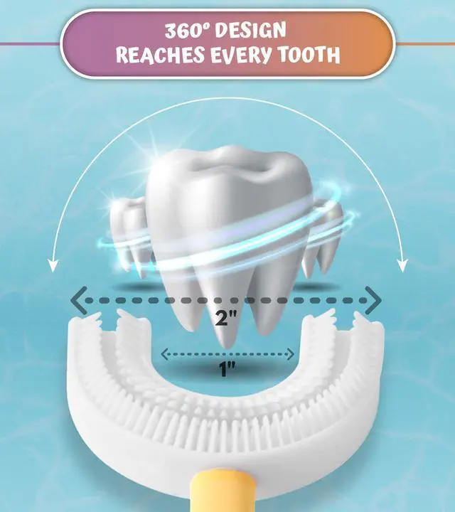Alt view image 6 of 7 - U Shaped Toothbrush Kids 6-12 Years Old- Two Premium Soft Toothbrushes Come with Travel Case & - Rounded Tooth Brushes Kids Size Head Makes Brushing Fun & Easy - 1 Purple, 1 Yellow