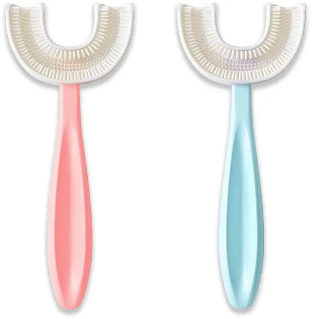 Main image of U Shaped Toothbrush Kids 6-12 Years - Two Soft Toothbrushes, Travel Case & Sensory Toothbrush - Rounded Kids Size Head - 1 Pink, 1 Blue