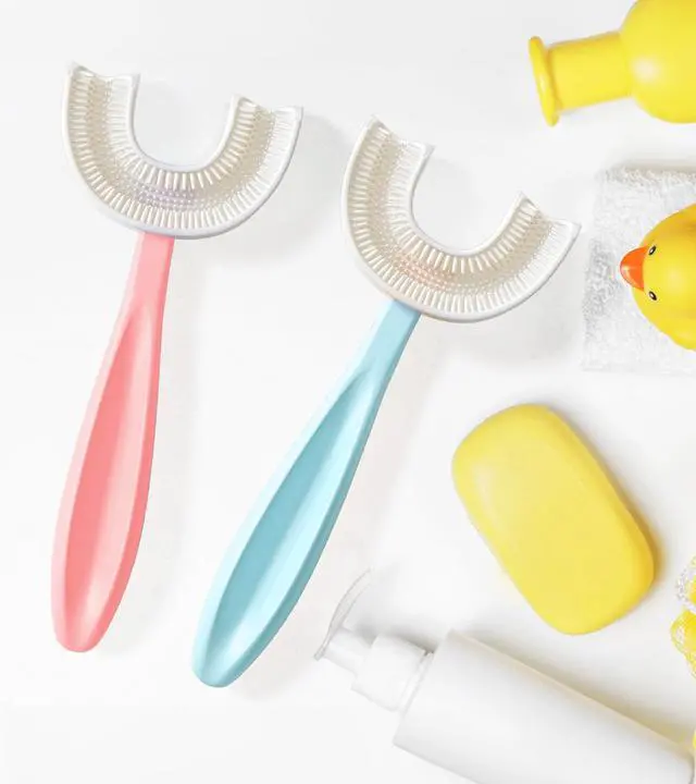 Alt view image 4 of 6 - U Shaped Toothbrush Kids 6-12 Years - Two Soft Toothbrushes, Travel Case & Sensory Toothbrush - Rounded Kids Size Head - 1 Pink, 1 Blue