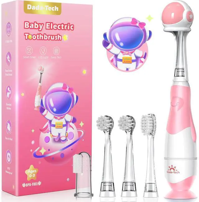 Main image of Toddler Electric Toothbrush Kids Age 1-2-3 Years Old, Infants & Baby Electric Toothbrush with Finger Tooth Brush, Cute Cover, LED Light, 2 Minutes Timer, 4 Brush Heads, Suction Cup (Pink Astronaut)