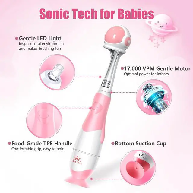 Alt view image 4 of 6 - Toddler Electric Toothbrush Kids Age 1-2-3 Years Old, Infants & Baby Electric Toothbrush with Finger Tooth Brush, Cute Cover, LED Light, 2 Minutes Timer, 4 Brush Heads, Suction Cup (Pink Astronaut)