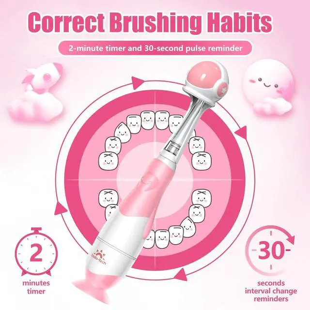 Alt view image 6 of 6 - Toddler Electric Toothbrush Kids Age 1-2-3 Years Old, Infants & Baby Electric Toothbrush with Finger Tooth Brush, Cute Cover, LED Light, 2 Minutes Timer, 4 Brush Heads, Suction Cup (Pink Astronaut)