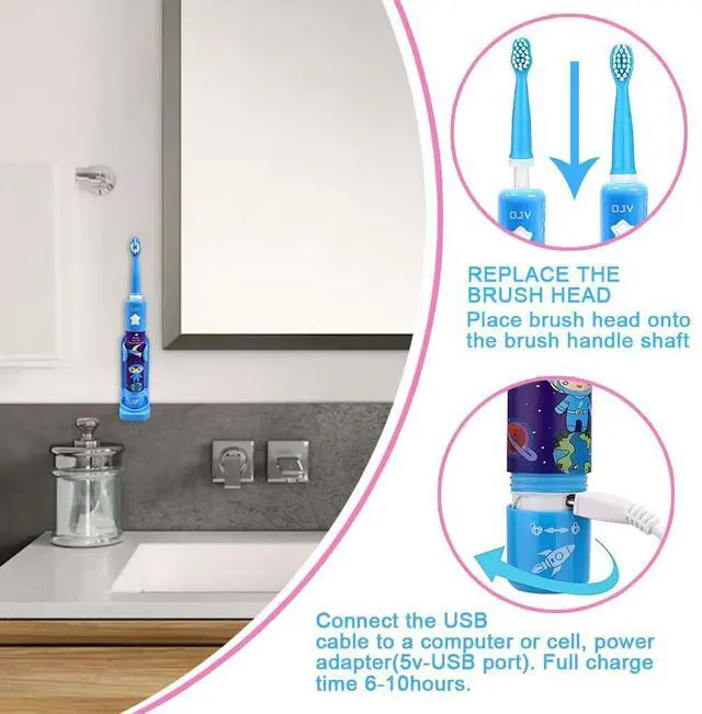 Alt view image 5 of 7 - 8620 Musical Electric Toothbrushes for Kids Children, 3 Modes 2 Min Timer, 6 Bristles Rechargeable Power Smart Sonic Music Play Song Toothbrush for Girls Age 3-14 with Wall Mounted Holder (Blue)