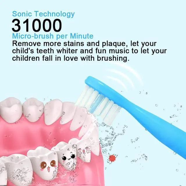 Alt view image 4 of 7 - 8620 Musical Electric Toothbrushes for Kids Children, 3 Modes 2 Min Timer, 6 Bristles Rechargeable Power Smart Sonic Music Play Song Toothbrush for Girls Age 3-14 with Wall Mounted Holder (Blue)