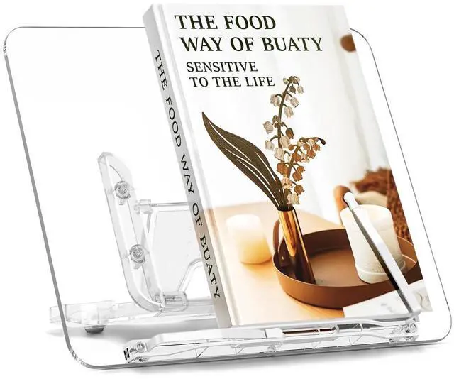 Main image of Acrylic Book Stand for Reading, Portable Book Holder for Desk, Angle Adjustable Textbook Stand for Document Recipe, Cookbook, Music Book