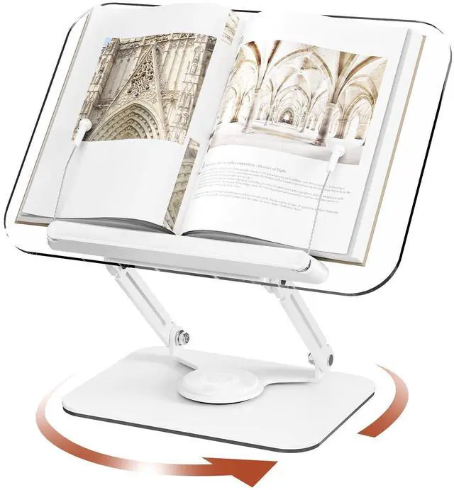 Main image of Acrylic Book Stand for Reading, Adjustable Book Holder with 360° Rotating Base & Elastic Page Clips, Foldable Desktop Riser Stand for Cookbook,Laptop,Tablet,Music Scores,Recipe,Textbook