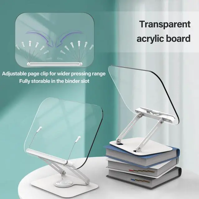 Alt view image 2 of 7 - Acrylic Book Stand for Reading, Adjustable Book Holder with 360° Rotating Base & Elastic Page Clips, Foldable Desktop Riser Stand for Cookbook,Laptop,Tablet,Music Scores,Recipe,Textbook