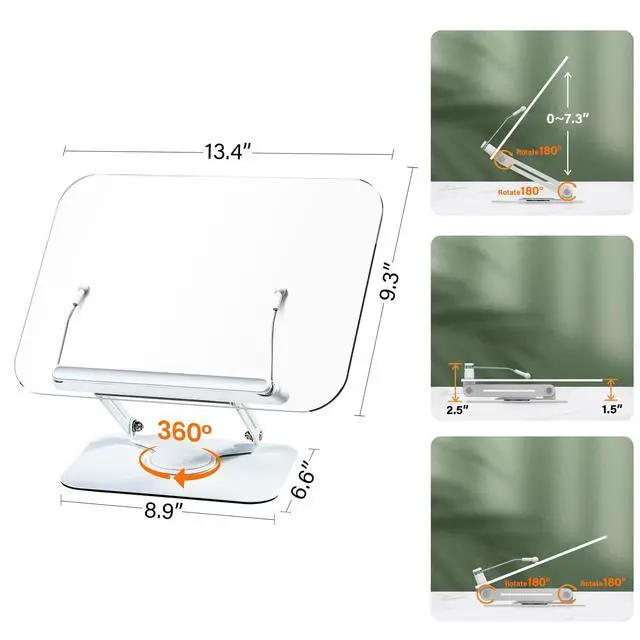 Alt view image 5 of 7 - Acrylic Book Stand for Reading, Adjustable Book Holder with 360° Rotating Base & Elastic Page Clips, Foldable Desktop Riser Stand for Cookbook,Laptop,Tablet,Music Scores,Recipe,Textbook