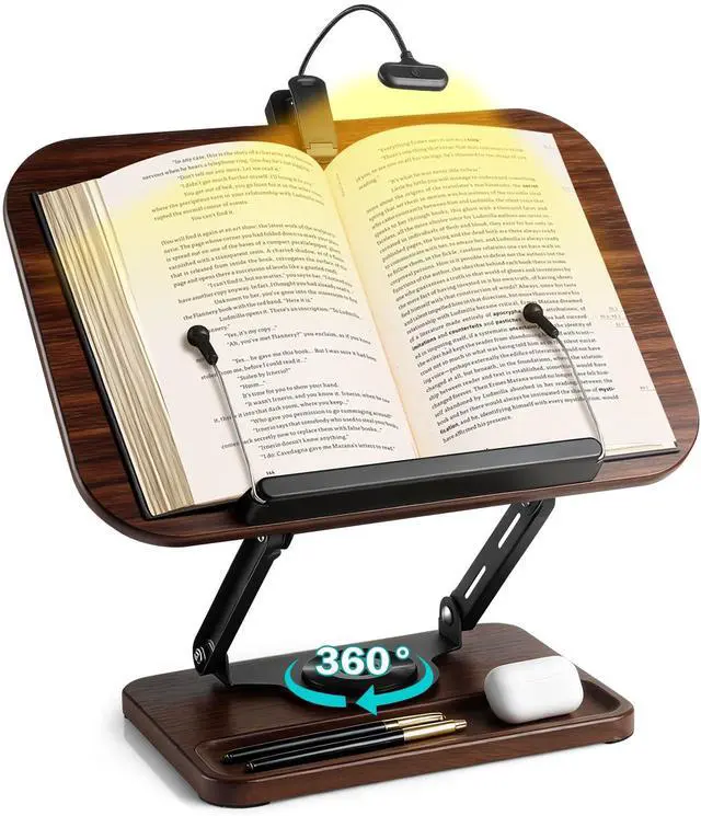 Main image of Book Stand with Light & Storage, Book Holders for Reading Hands Free, Wooden Cookbook Stand with Adjustable Height & 360 °Angle for Recipe,Magazine,Laptop,Tablet, Bible