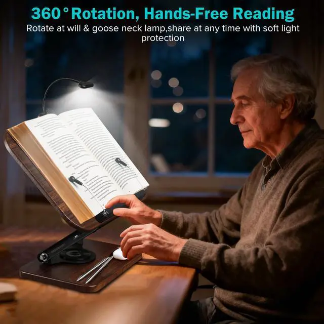 Alt view image 2 of 7 - Book Stand with Light & Storage, Book Holders for Reading Hands Free, Wooden Cookbook Stand with Adjustable Height & 360 °Angle for Recipe,Magazine,Laptop,Tablet, Bible