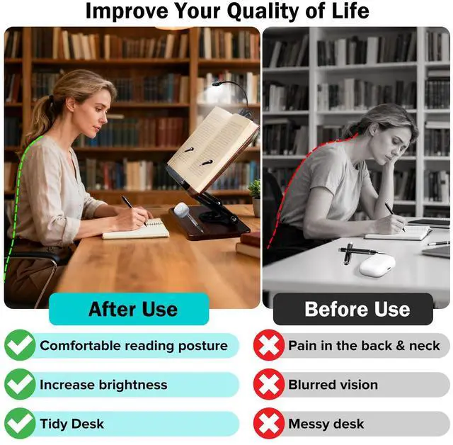 Alt view image 3 of 7 - Book Stand with Light & Storage, Book Holders for Reading Hands Free, Wooden Cookbook Stand with Adjustable Height & 360 °Angle for Recipe,Magazine,Laptop,Tablet, Bible