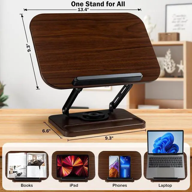 Alt view image 4 of 7 - Book Stand with Light & Storage, Book Holders for Reading Hands Free, Wooden Cookbook Stand with Adjustable Height & 360 °Angle for Recipe,Magazine,Laptop,Tablet, Bible