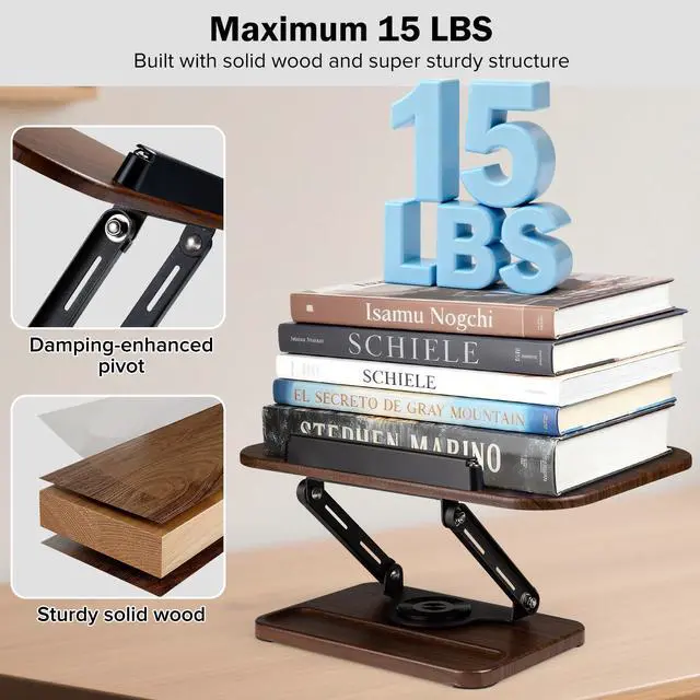 Alt view image 5 of 7 - Book Stand with Light & Storage, Book Holders for Reading Hands Free, Wooden Cookbook Stand with Adjustable Height & 360 °Angle for Recipe,Magazine,Laptop,Tablet, Bible