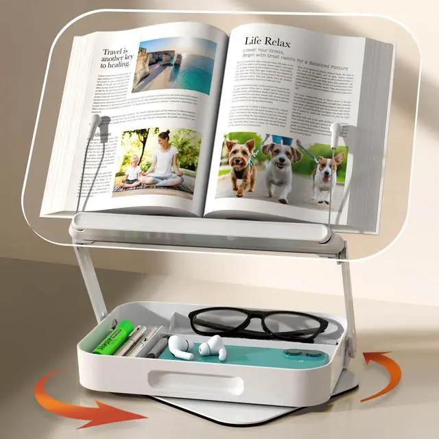 Main image of Acrylic Book Stand with Storage, 360° Rotating, Foldable Adjustable Holder with Large Storage Capacity for Reading & Tablets (Clear)