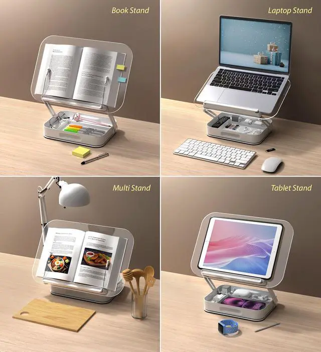 Alt view image 5 of 7 - Acrylic Book Stand with Storage, 360° Rotating, Foldable Adjustable Holder with Large Storage Capacity for Reading & Tablets (Clear)