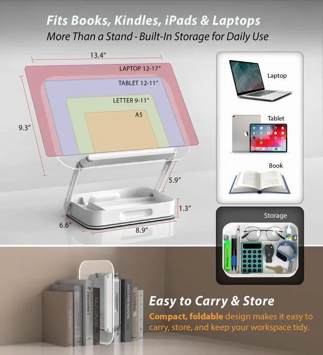 Alt view image 3 of 7 - Acrylic Book Stand with Storage, 360° Rotating, Foldable Adjustable Holder with Large Storage Capacity for Reading & Tablets (Clear)