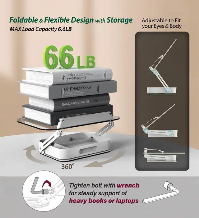 Alt view image 6 of 7 - Acrylic Book Stand with Storage, 360° Rotating, Foldable Adjustable Holder with Large Storage Capacity for Reading & Tablets (Clear)