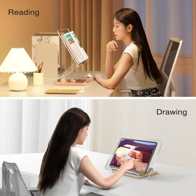 Alt view image 2 of 6 - Adjustable Acrylic Book Stand for Reading, Book Holder with Pen Slot, Foldable Desktop Riser for Laptop, Recipe, Textbook - Hands-Free,Cookbook Stand, Clear Design with Page Clips