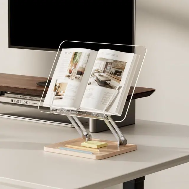 Alt view image 6 of 6 - Adjustable Acrylic Book Stand for Reading, Book Holder with Pen Slot, Foldable Desktop Riser for Laptop, Recipe, Textbook - Hands-Free,Cookbook Stand, Clear Design with Page Clips