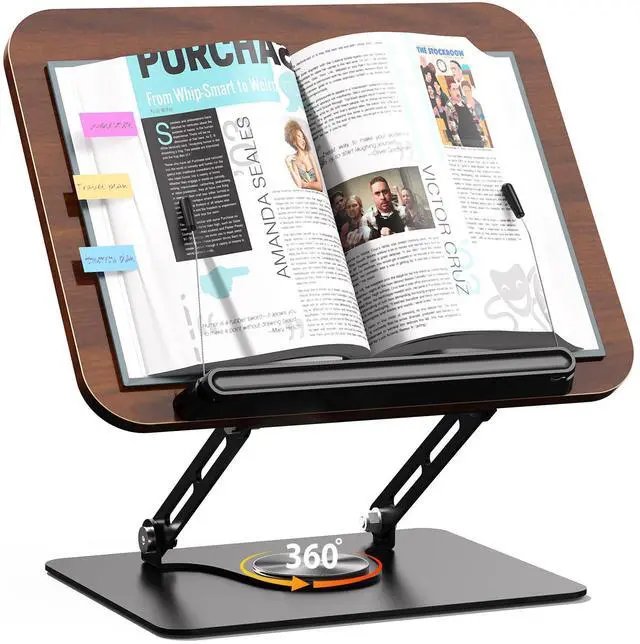 Main image of Book Stand for Reading,Adjustable Book Holder with 360° Rotating Base,Foldable Book Holder Stand for Cookbook,Textbook,Tablets, Laptops (Dark Wood)
