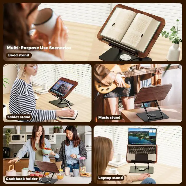 Alt view image 3 of 7 - Book Stand for Reading,Adjustable Book Holder with 360° Rotating Base,Foldable Book Holder Stand for Cookbook,Textbook,Tablets, Laptops (Dark Wood)