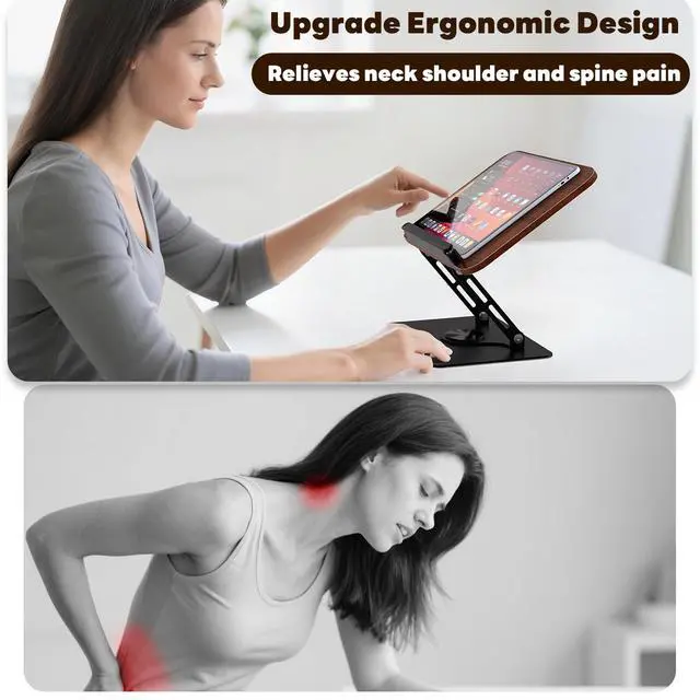 Alt view image 2 of 7 - Book Stand for Reading,Adjustable Book Holder with 360° Rotating Base,Foldable Book Holder Stand for Cookbook,Textbook,Tablets, Laptops (Dark Wood)