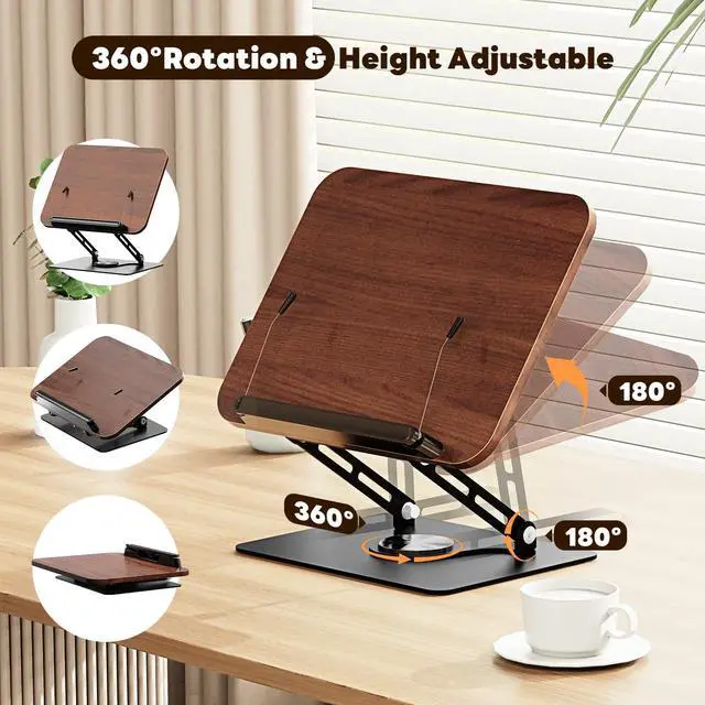 Alt view image 4 of 7 - Book Stand for Reading,Adjustable Book Holder with 360° Rotating Base,Foldable Book Holder Stand for Cookbook,Textbook,Tablets, Laptops (Dark Wood)