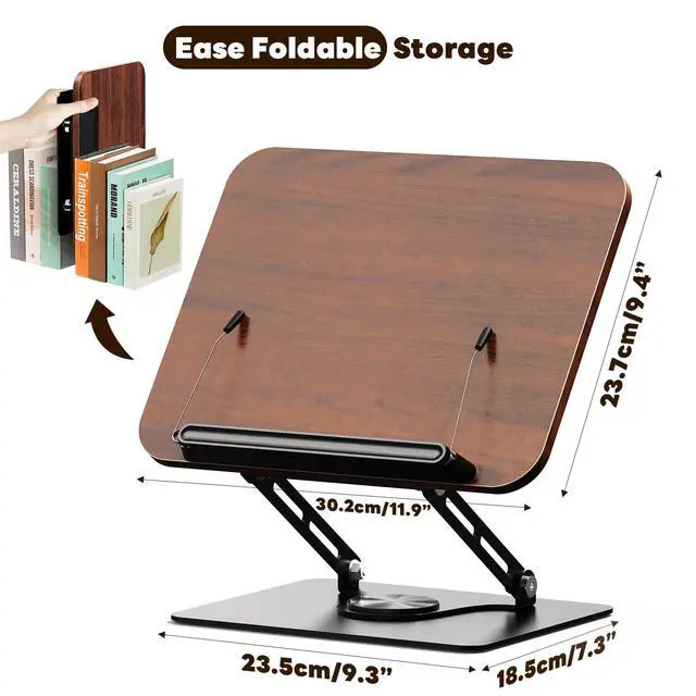 Alt view image 5 of 7 - Book Stand for Reading,Adjustable Book Holder with 360° Rotating Base,Foldable Book Holder Stand for Cookbook,Textbook,Tablets, Laptops (Dark Wood)